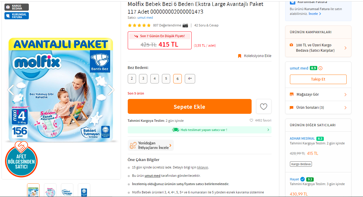 Molfix Bebek Bezi 6 Beden 117 Adet  355tl