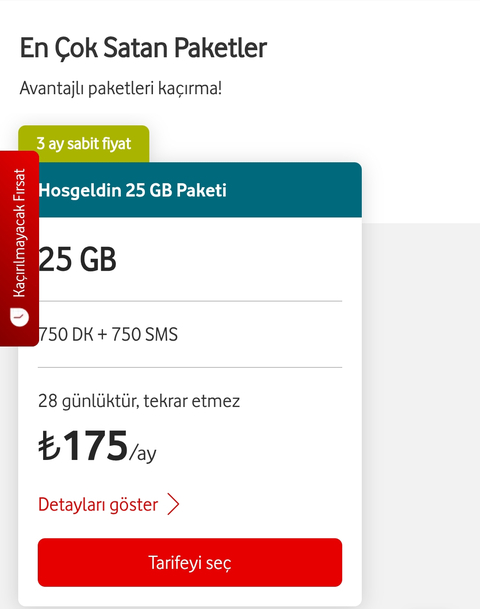 VODAFONE 25GB 750DK / 175TL