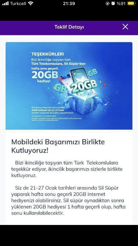 MOBİLDEKİ BAŞARIMIZI BİRLİKTE KUTLUYORUZ HAFTA SONU 20GB HEDİYE