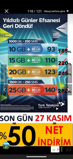 TÜRK TELEKOM YILDIZLI GÜNLER EFSANESİ 50GB+S.S.M 345₺