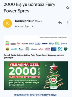 Fairy Power Sprey Anketi dolduran 2bin kişiye ücretsiz gönderecek.