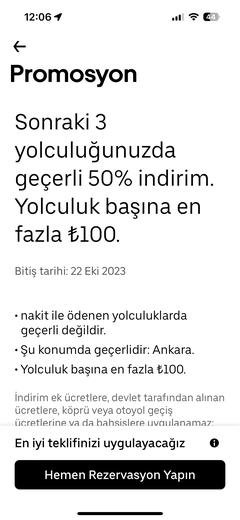 Uber Ankara için 3 Yolculukta %50 indirim(Max 100Tl)