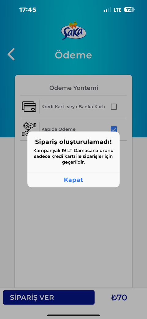 Saka 19Lt Damacana Su ilk 10 siparişte 70 TL