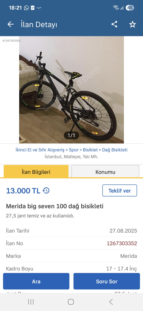 Bisiklet değerini belirlememde yardımcı olur musunuz?