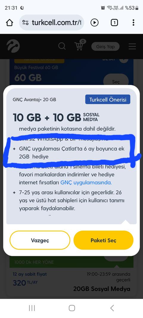 Turkcell Büyük Festival 60GB 420₺ - 40GB 370₺ - 20GB 260₺ - 10GB 200₺