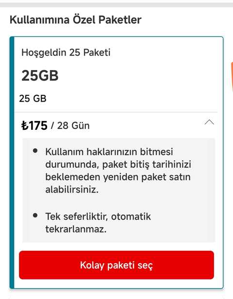 VODAFONE 25GB 750DK / 175TL