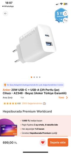 ANKER 323 33w  USB-C + USB-A 2 Çıkışlı Adaptör 399 TL [HepsiBurada]