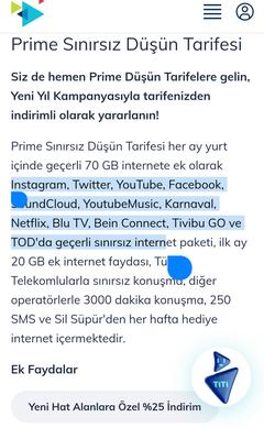 Türk Telekom dan Prime Düşün Tarifeler! (70 GB + Sınırsız Sosyal Medya 790₺)