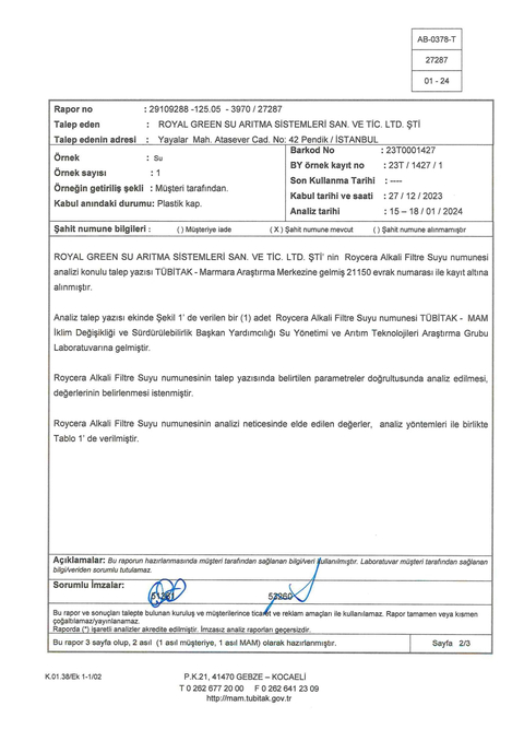 Roycera Alkali Filtre Orp,tds, ph ölçüm , inceleme test konusu