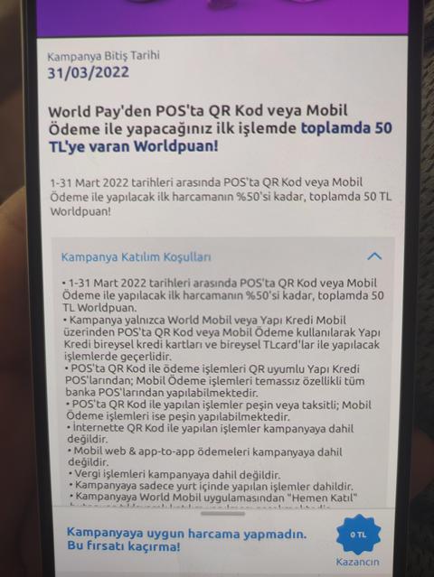 World Pay'den Pos'ta QR kod veya Mobil ödemeye 100/50 World Puan (Kişiye özel)