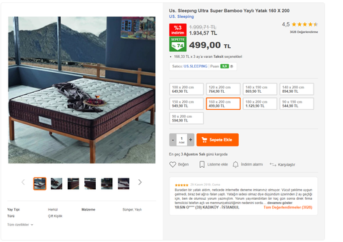 Hepsiburada.com Us. Sleepıng Ultra Super Bamboo Yaylı Yatak 160 X 200 499TL