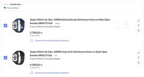 Apple Watch SE GPS Gümüş 3799 TL, Gri 4099 TL