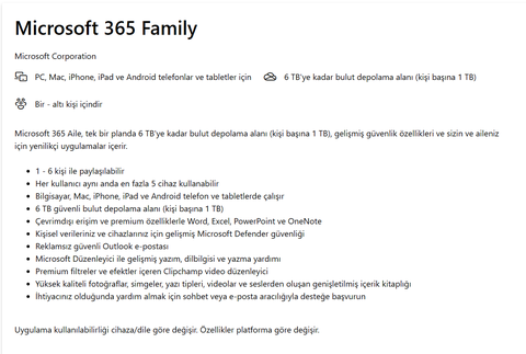 Microsoft 365 Aile üyeli üye aranıyor [5 kişi] Güncel Fiyat (229 TL - 11 Ay)