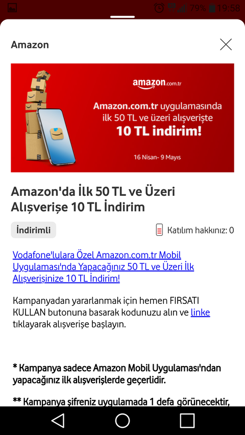 Vodafone yanımda uygulaması amazon.com.tr'de geçerli 50/10 kod veriyor