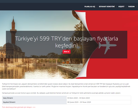 THY Yurtiçi Uçuşlar 599 TL | Satış Dönemi 03 Ekim 2023 - 04 Ekim 2023 | Seyahat Dönemi 06 Şubat 2024