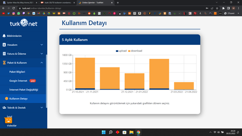 Aylık GB/TB kullanım oranlarınız.