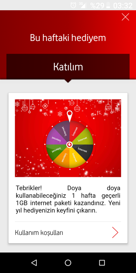 Vodafone yanımda hediye çarkı, internet hediye ediyor