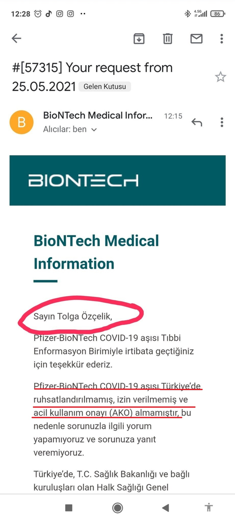 BioNTech COVID-19 aşısı Türkiye için onay verilmemiŞ ve ruhsatlandirilmamiş..