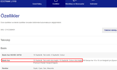 1099 TL EPSON ECOTANK L1110 MÜREKKEP TANKLI YAZICI (33 Sayfa/dk. siyah-beyaz, 15 Sayfa/dk renkli)