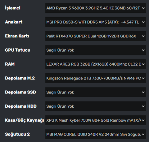 4080 super sistem parça tavsiyesi