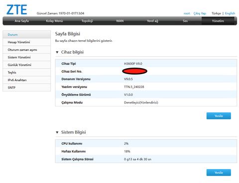 ZTE ZXHN H3600p güncel H298A Root Etkinleştirme