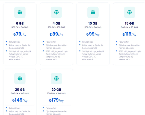 Turkcell altyapısıyla 20 GB 1000 dk 179 TL - 20 GB 500 dk 149 TL