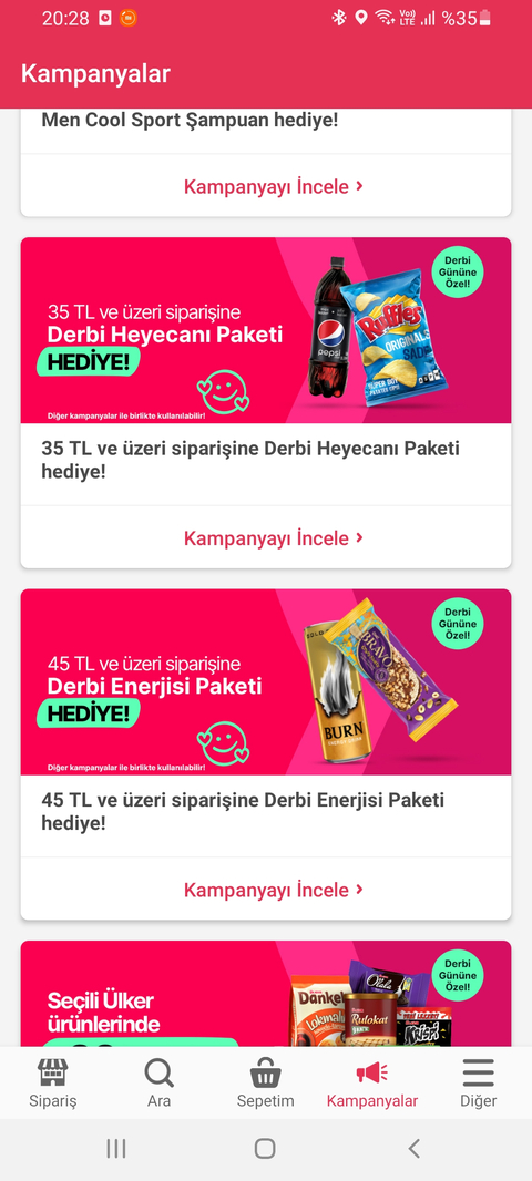 YemeksepetiBanabi 45 TL üzerine derbi paketleri hediye