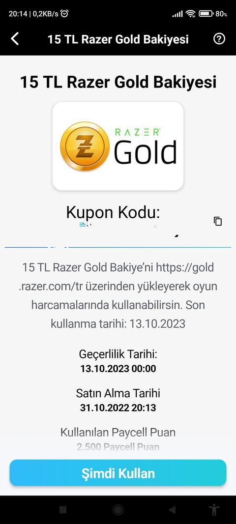 Paycell puan ile 15 tl razer gold. Çökün.