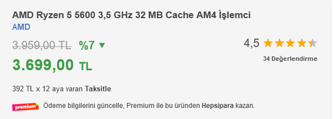 Ryzen 5 5600 Tray İşlemci 3699 TL (Naysla 3549 TL)  🔥 🔥