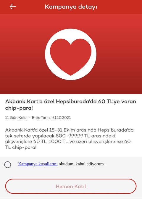 Akbank Kart’a Özel Hepsiburada’da 60 TL’ye Varan Chip-Para