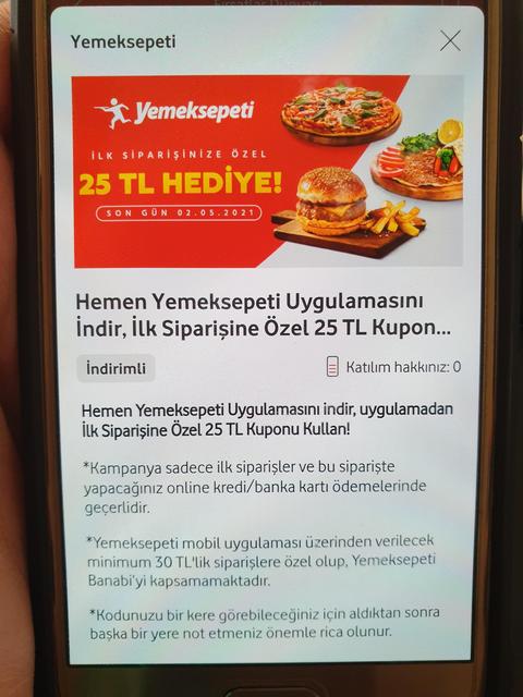 Vodafone yanımda 30/25 TL yemeksepeti kuponu veriyor