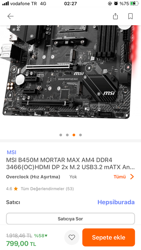 Msi B450m Mortar Max 799 TL(hepsiburada)