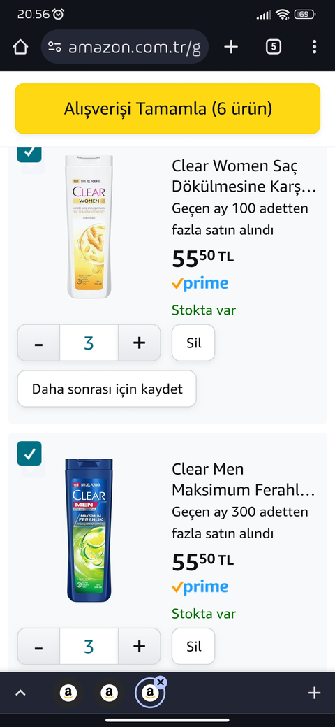 Clear 350 ml şampuan tanesi 40.7 tl geliyor(amazon prime içerir)