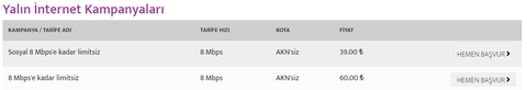 8 Mbps'e kadar Limitsiz 39 tl yanıyorr