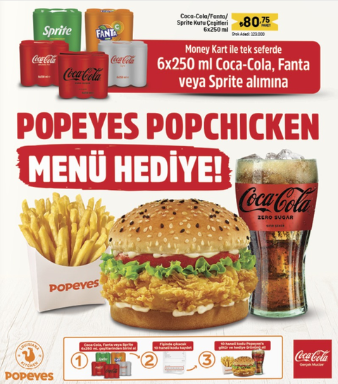 6 lı cola fanta sprite alımına popeyes pop chicken menü hediye