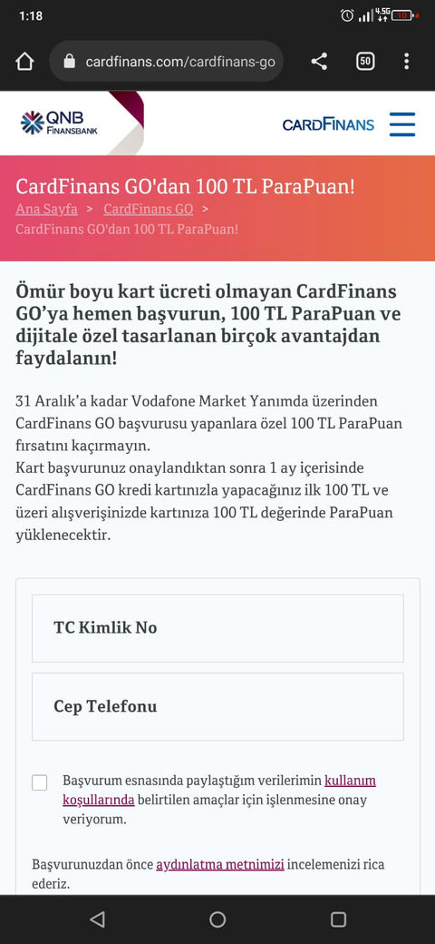 CardFinans Go'dan 100 Tl ParaPuan (Vodafone Yanımda)