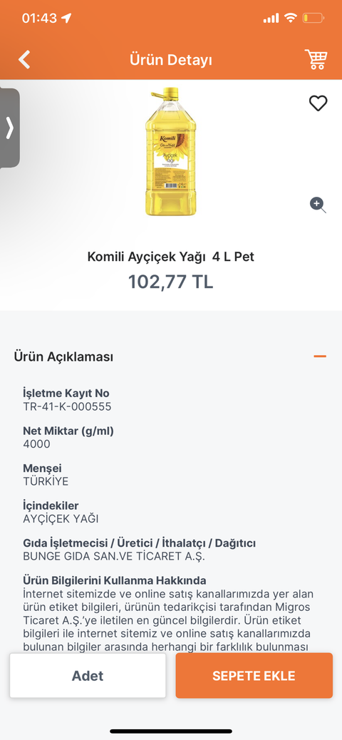 Komili Ayçiçek Yağı 4L 102.77 ALEV ALDI