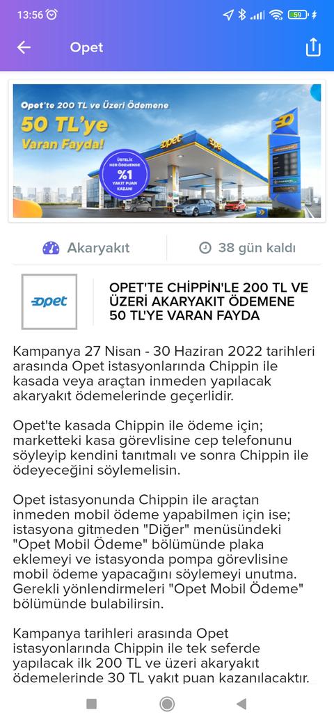 Chippin ve yapı kredi OPET 200e 50 avantaj