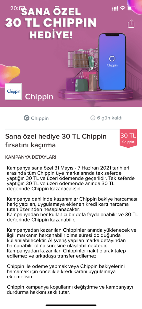 Chippin 30 TL harcamaya 30 TL chippin (Kişiye özel, hesap kontrol)