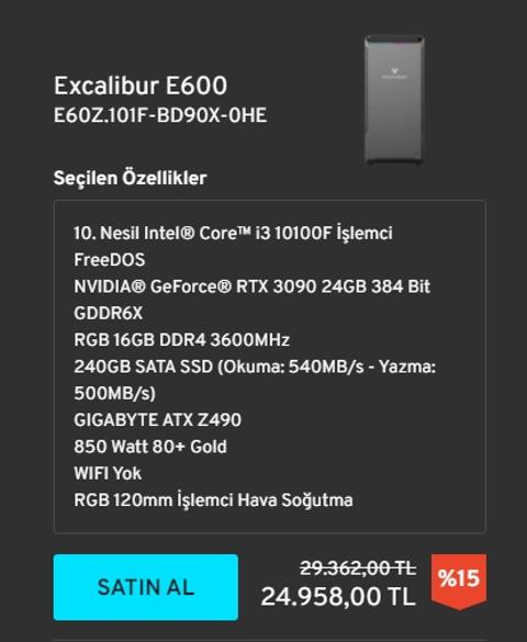 RTX 3090 + İ3 10100F + 16 RAM + 240GB SSD + Z490 + 850W 80+ Gold = 25.000 TL - Yanıyor...