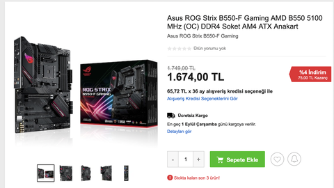 Satılık Asus rog strix B550 F gaming Amd anakart 2 yıl garantili