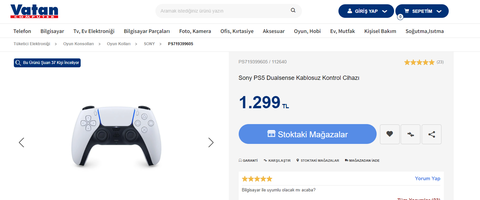 Sony PS5 Dualsense Kablosuz Kontrol Cihazı 1.299 TL