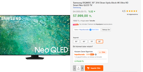 📢Samsung 85QN85C 85" Smart Neo QLED TV 57.999 TL🔥🔥🔥