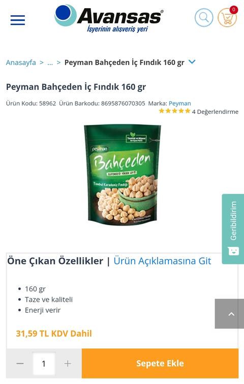 Peyman Bahçeden 160 gr Kavrulmuş Fındık 32TL