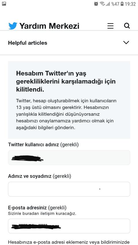 Twitter Yardım Hesabım 13 Yaştan Dolayı Kilitlendi