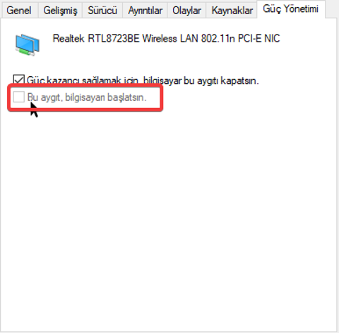 Aygıt yöneticisi "Bu aygıt bilgisayarı başlatsın" seçeneği