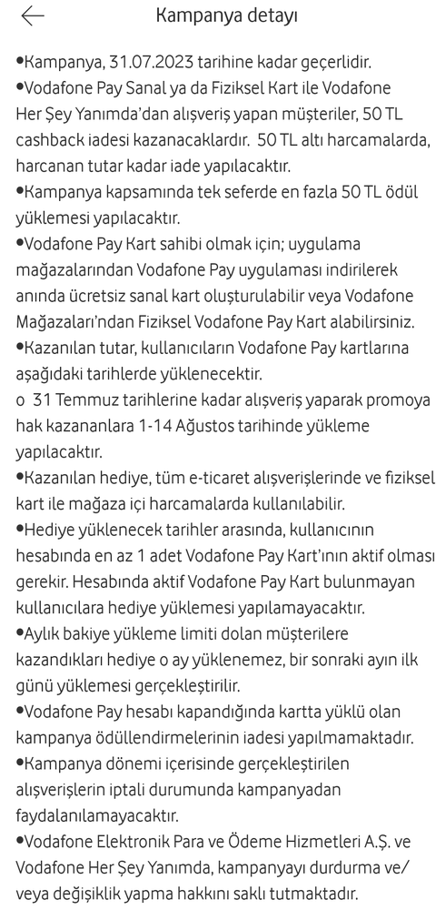 Vodafone pay/Vodafone yanımda 50tl iade