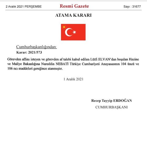 Hazine ve Maliye Bakanı Lütfi Elvan istifa etti. Yerine Nurettin Nebati getirildi.