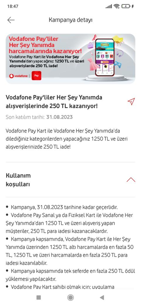 Vodafone pay Vodafone Yanımda 1250/250 TL iade