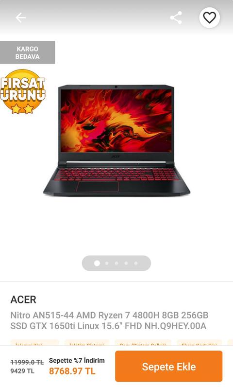 Acer Nitro 4800H 8GB 256GB SSD GTX 1650ti 15.6" 8.768,97 TL